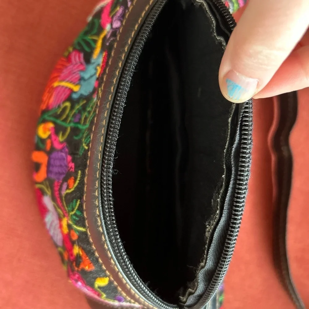 Red and Pink Embroidered Crossbody Bag with Folk Art Design